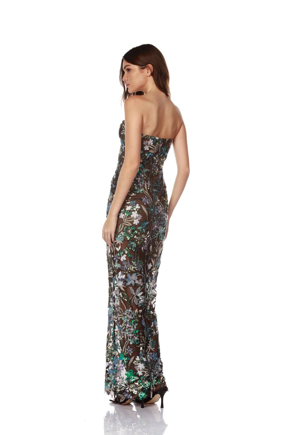 Strapless Floral Sequin Embroidered Mesh Column Maxi Dress 6