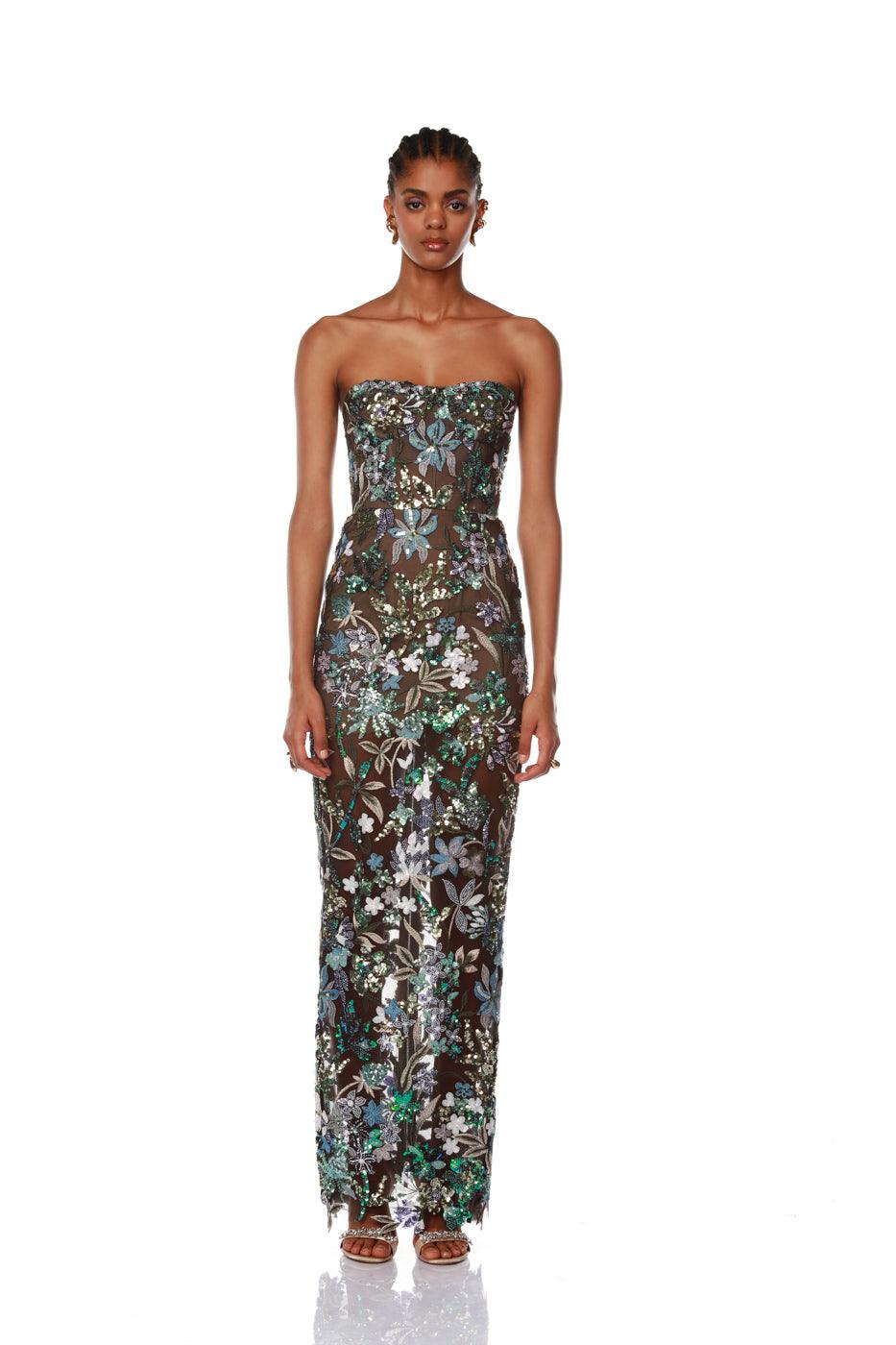 Strapless Floral Sequin Embroidered Mesh Column Maxi Dress