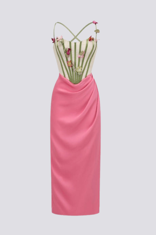 Corset Sweetheart Floral Applique Draped Satin Maxi Dress