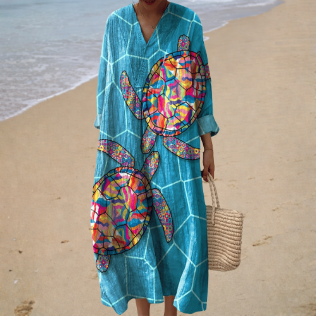 Turtle Print V-Neck Long Sleeve Maxi Beach Dress