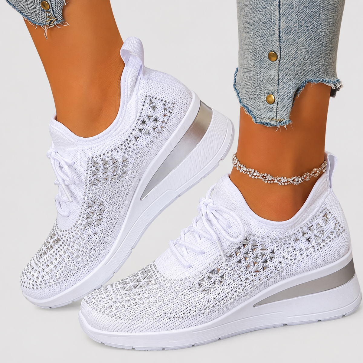 Lace Up Rhinestone Knit Wedge Platform Sneakers