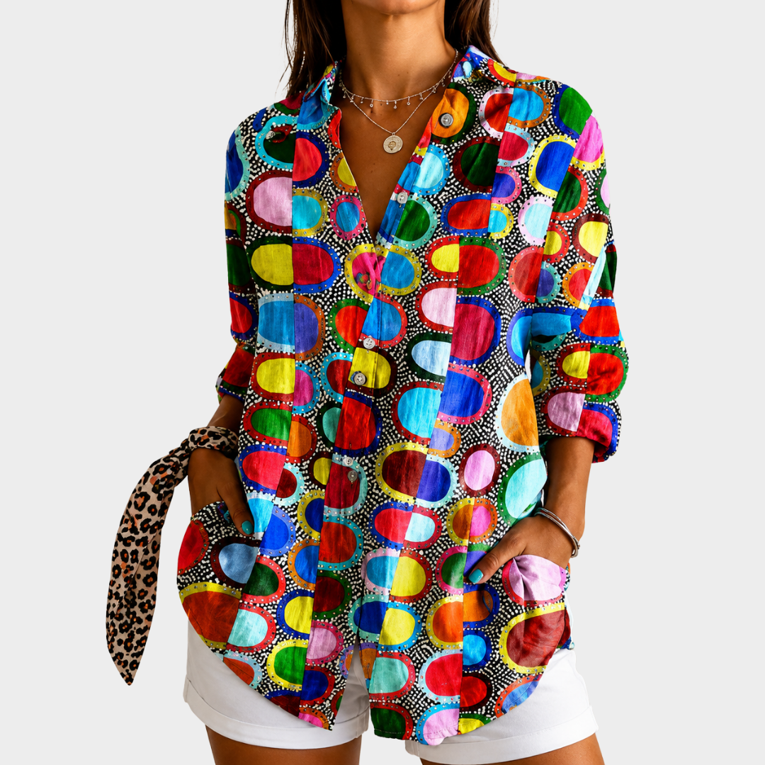 Abstract Circle Print Long Sleeve Button Down Blouse