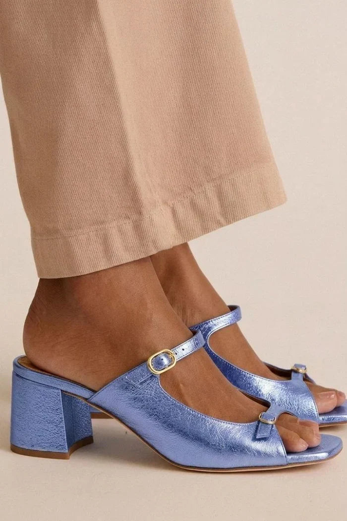 T-Strap Block Heel Square Open Toe Mule Sandals