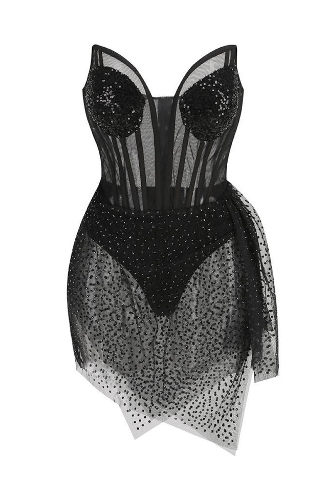 Sequin Strapless Sweetheart Corset Sheer Mesh Mini Dress