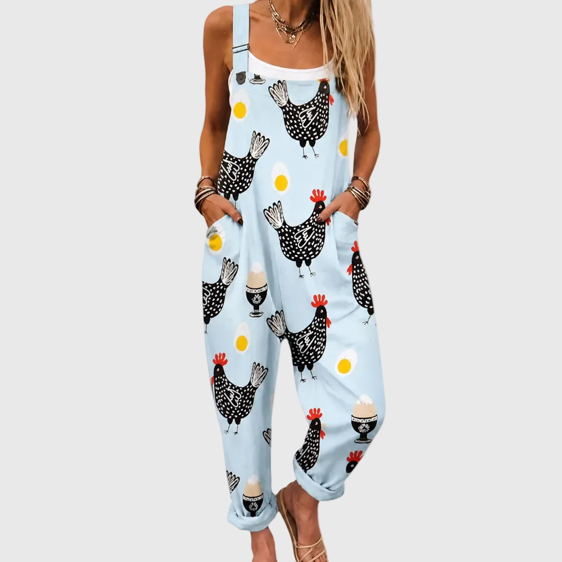 Chicken Print Sleeveless Baggy Overalls Jumpsuit