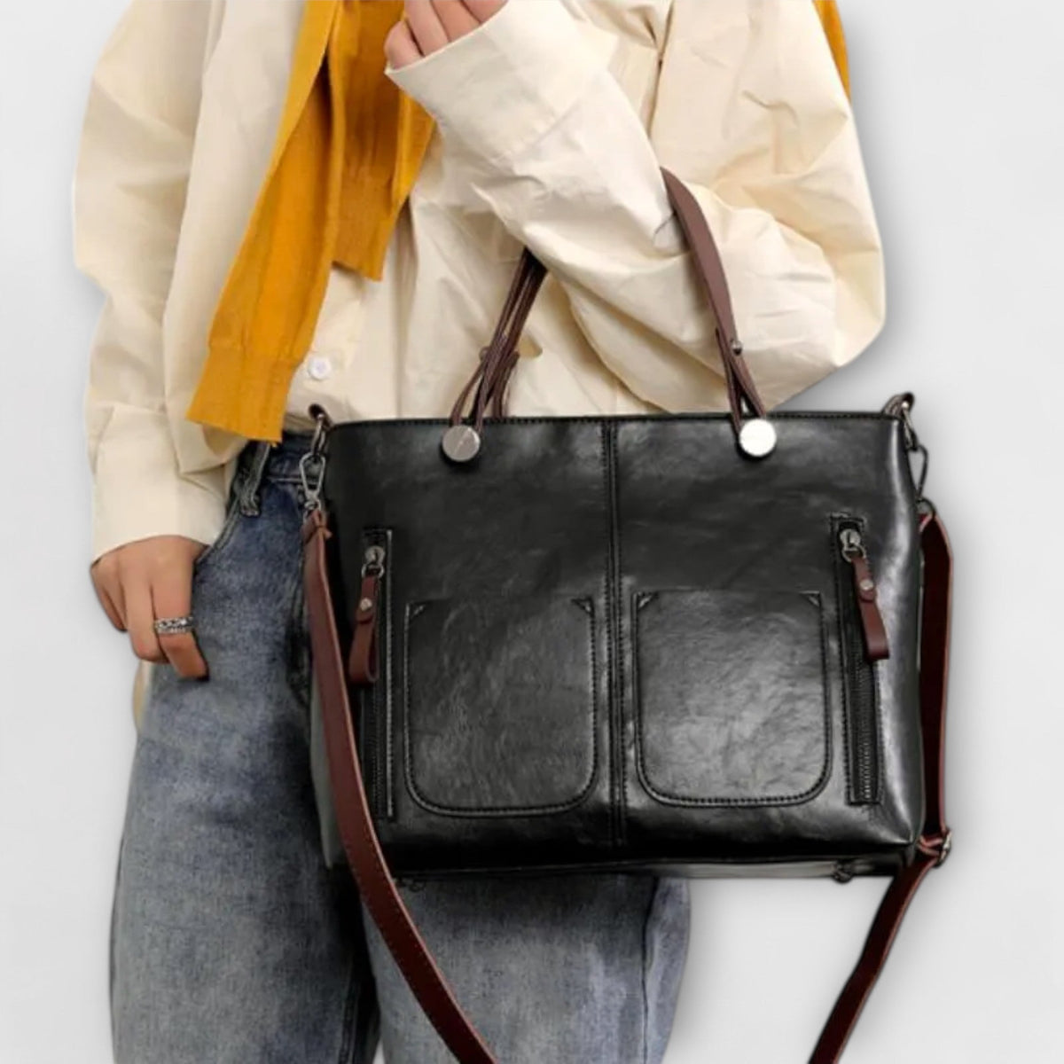 Dual Handle Multi Pocket Faux Leather Tote Bag