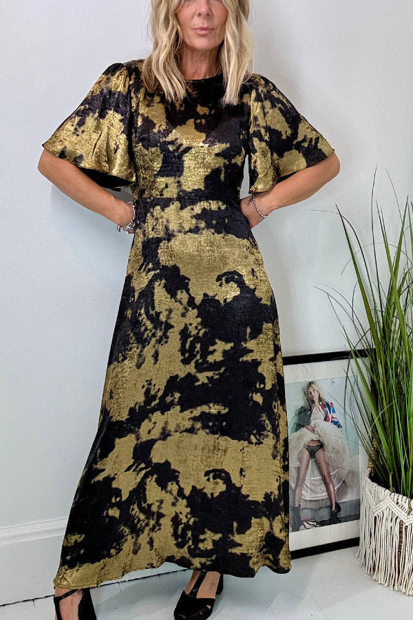 Metallic Marble Print Crew Neck Flutter Sleeve Fitted Waist A-Line Maxi Gown