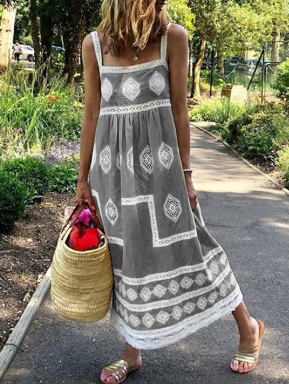 Rose Red Square Neck Boho Print Tank Maxi Dress
