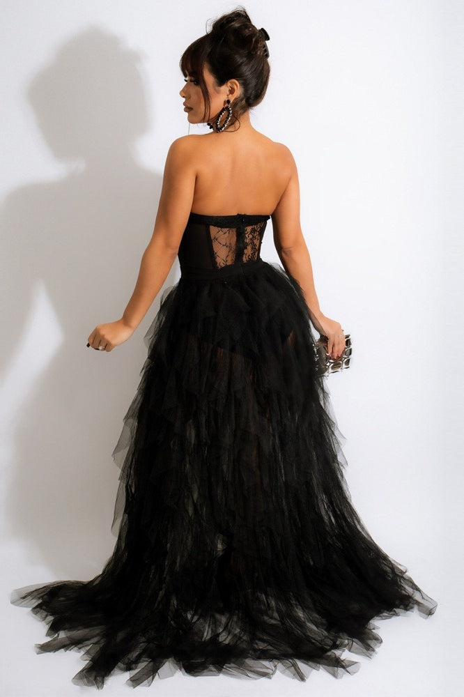 Sheer Lace Bustier Strapless Tulle A-Line Formal Gown