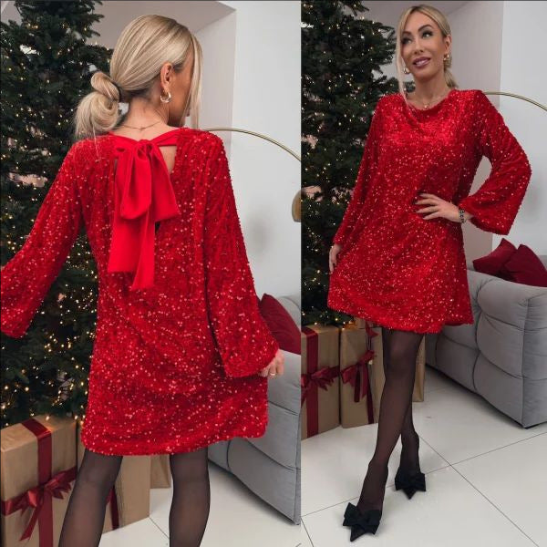 Sequin Long Bell Sleeve Satin Bow Back Keyhole Shift Mini Dress