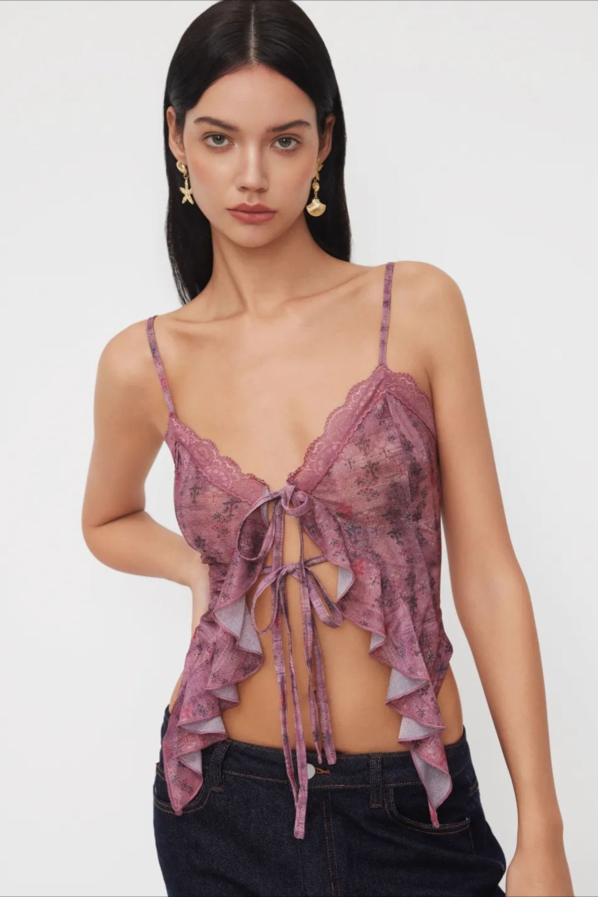 Lace Floral Ruffle Cami Top