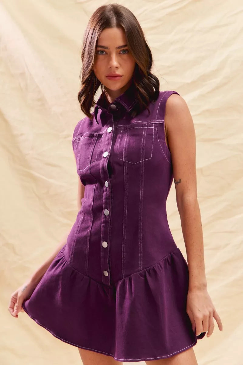 Contrast Stitch Collared Sleeveless Button Front Drop Waist Mini Dress 4