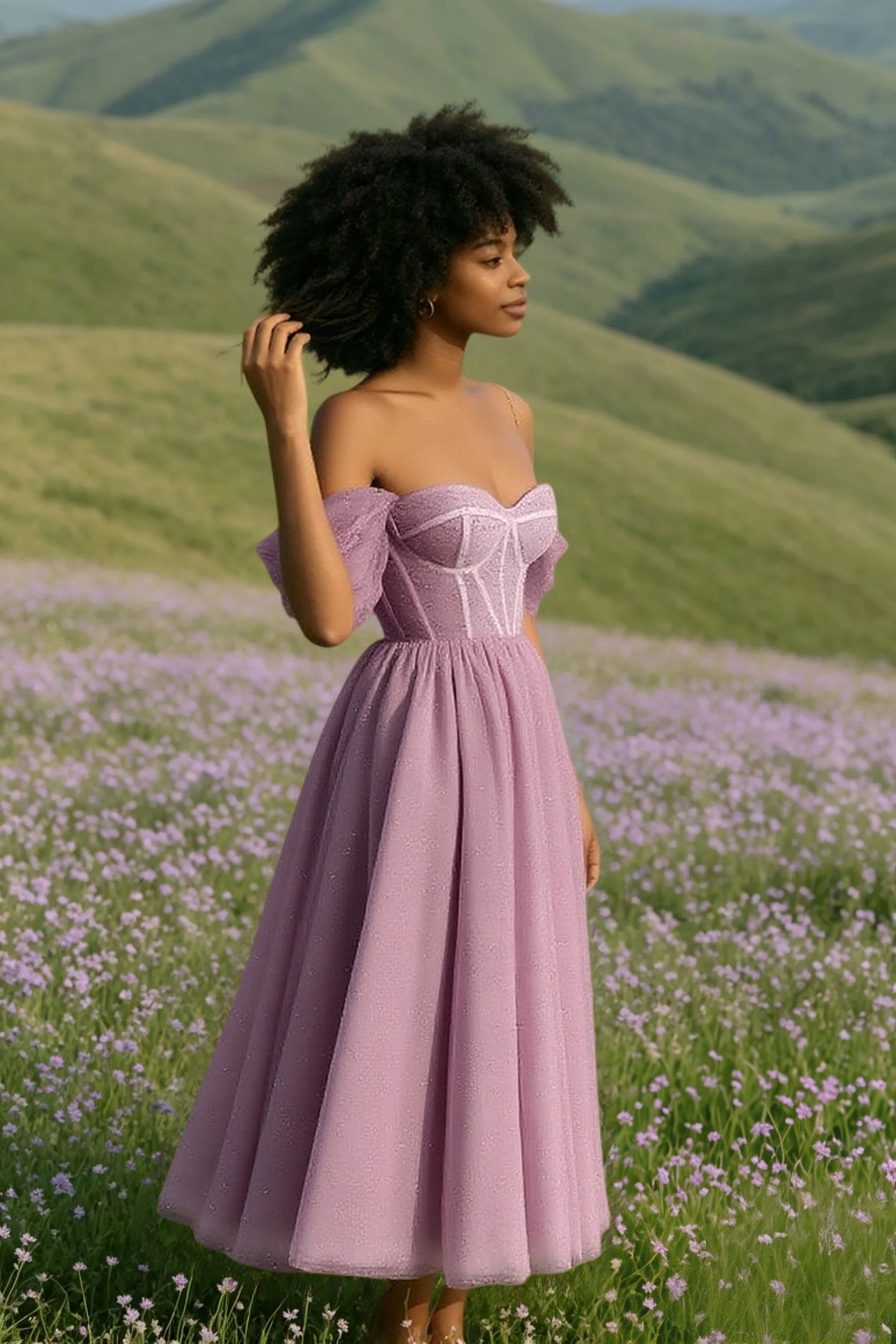 Tulle Off Shoulder Corset Bustier High Split A-Line Prom Dress