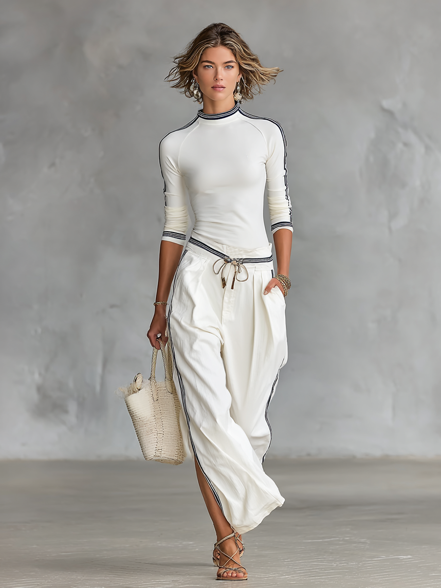 High Neck Striped Trim Top and Wide Leg Pants Set