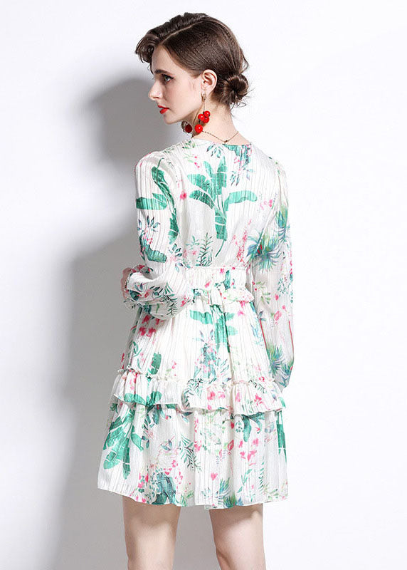 Tropical Palm Print Deep V-Neck Ruffle Cuff Long Sleeve Empire Waist Tiered Plisse Mini Dress