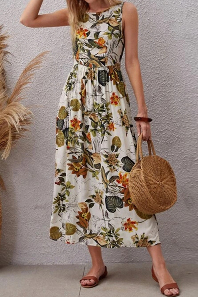Floral Botanical Print Round Neck Sleeveless Empire Waist A-Line Midi Dress