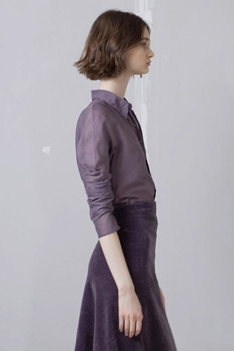 Semi Sheer Collared Long Sleeve Slim Fit Button Front Shirt 2