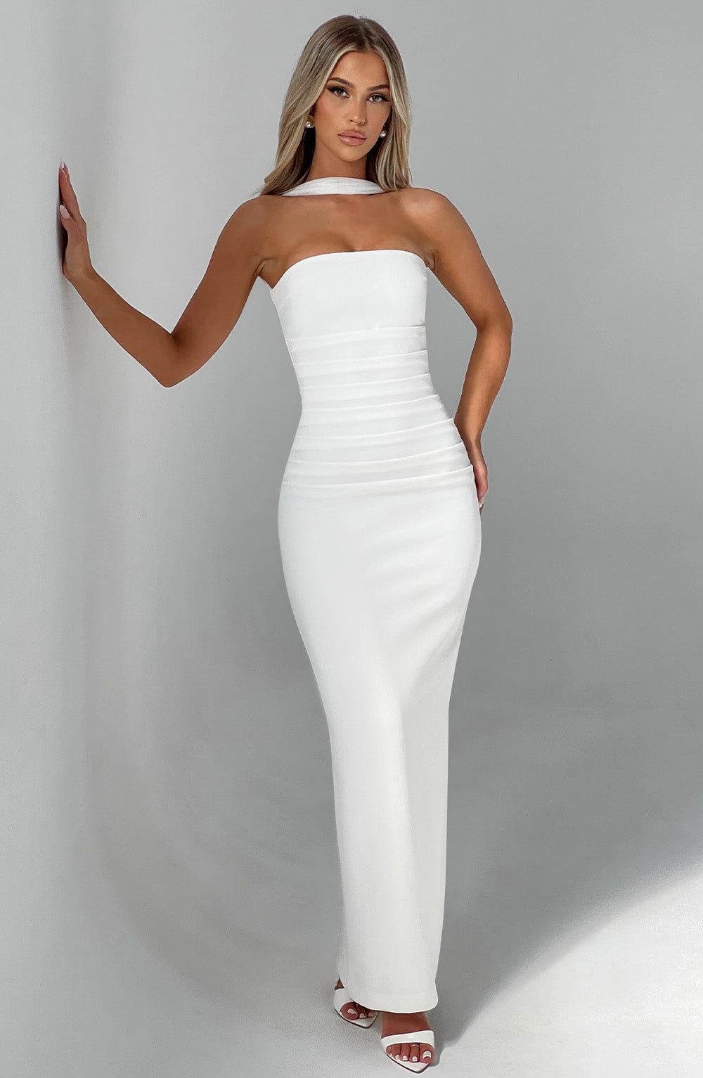 Strapless Ruched Bodycon Maxi Dress with Neck Scarf and Mesh Gloves 19