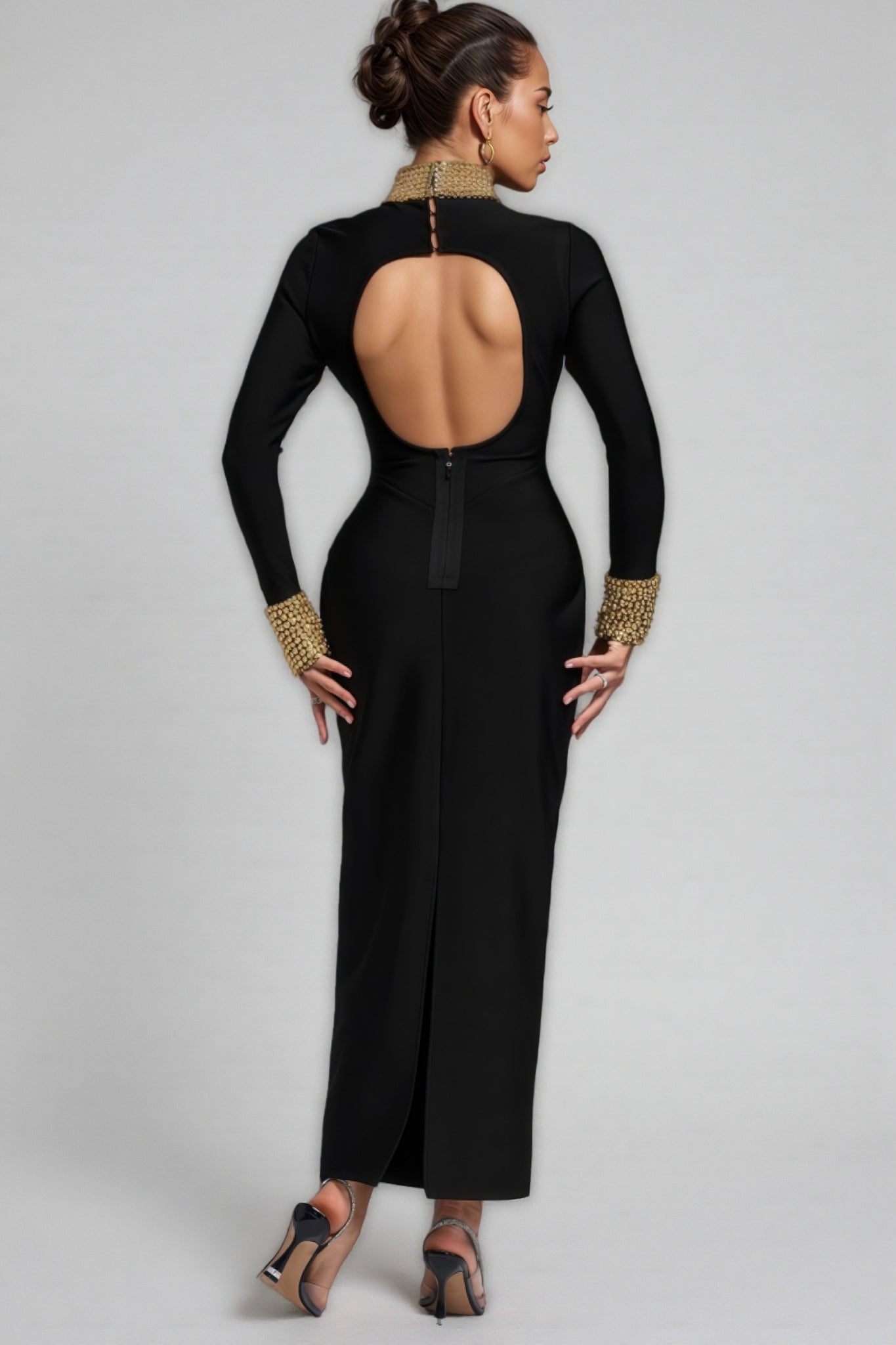 Beaded Mock Neck Long Sleeve Bodycon Bandage Maxi Gown