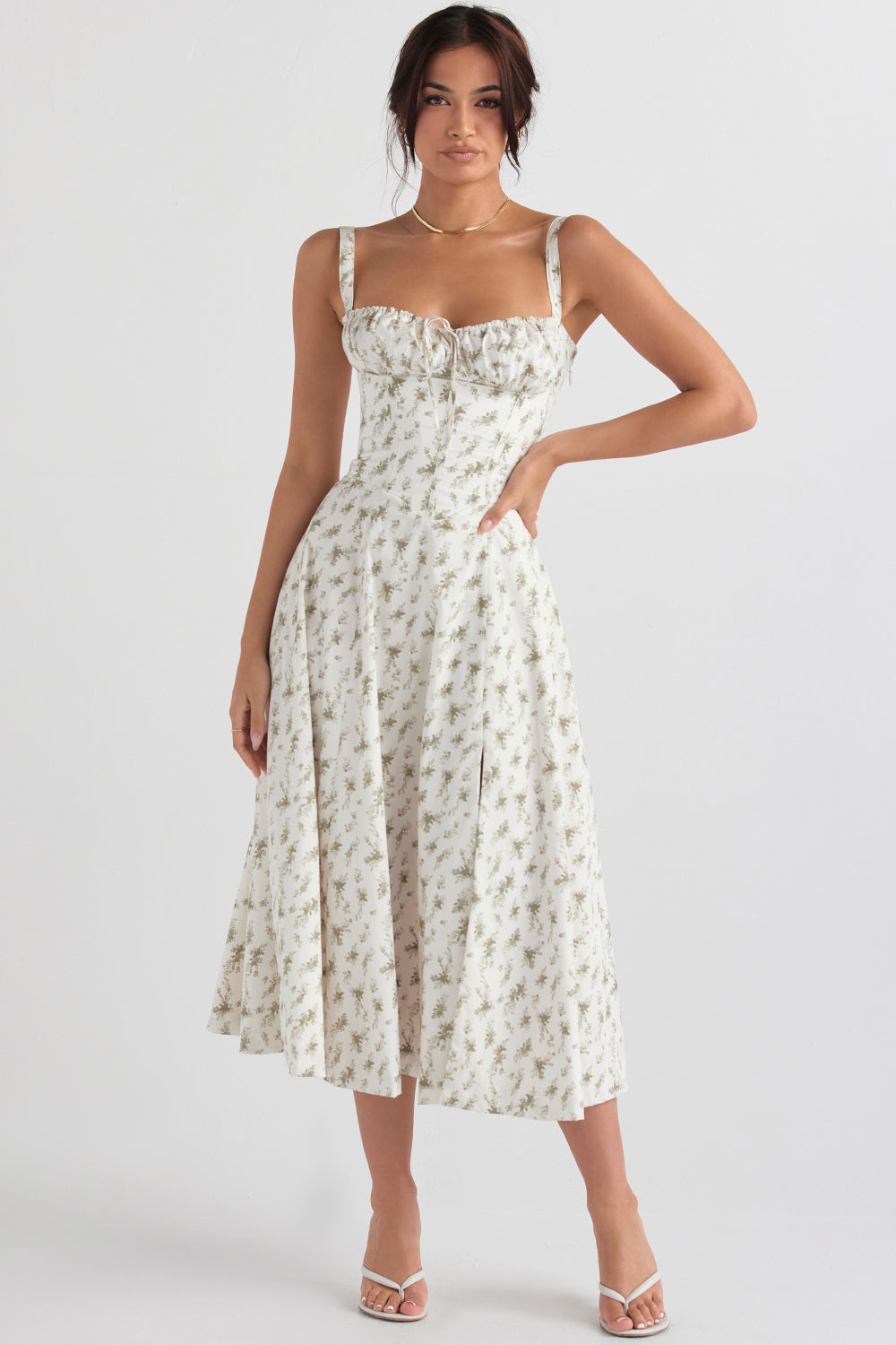 Ditsy Floral Sweetheart Tie Front Bustier High Split Maxi Dress 3