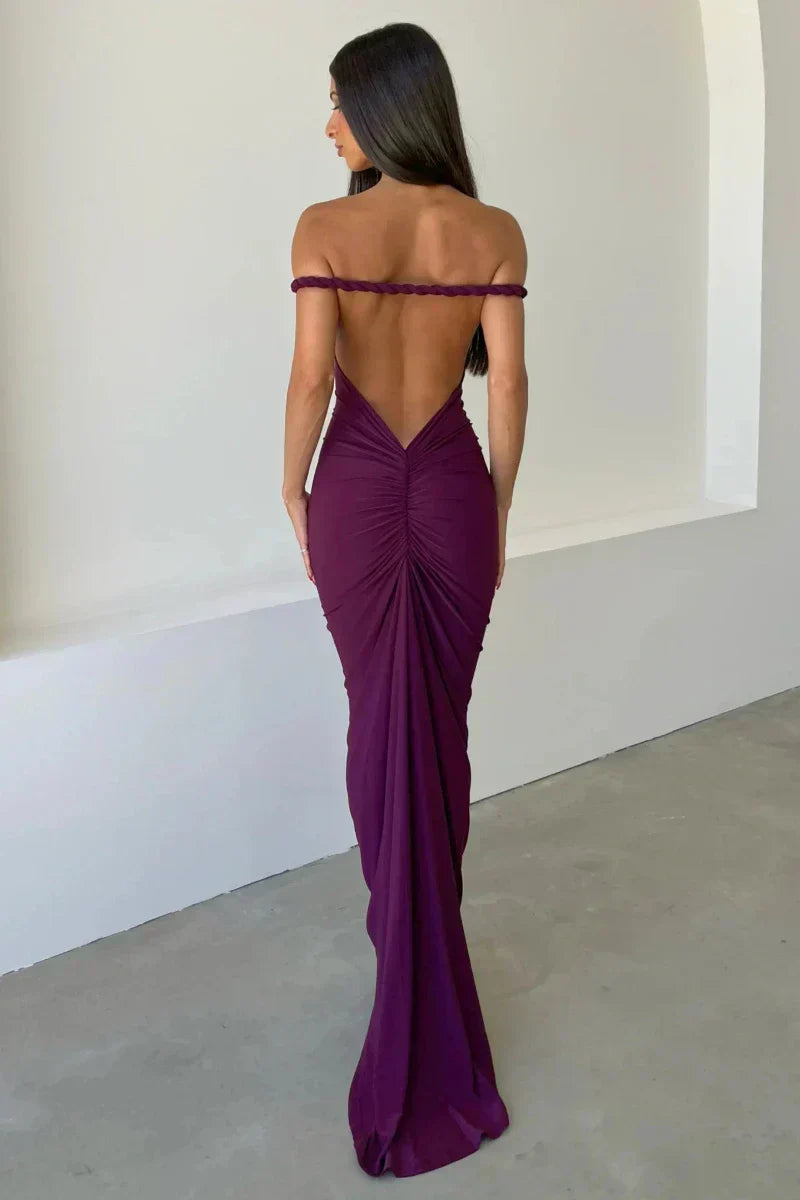 Off Shoulder Fold Over Sleeve Knit Bodycon Floor Length Gown