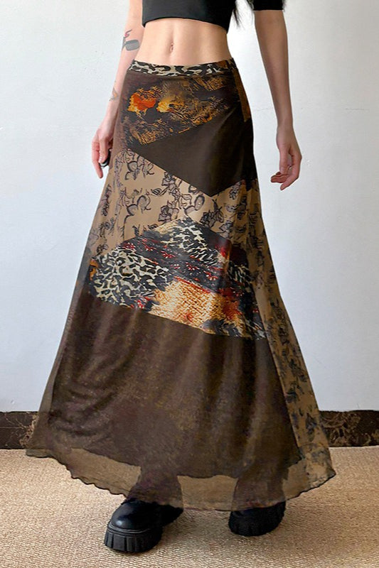 Patchwork Animal Print Sheer Mesh Low Waist Maxi Skirt 3
