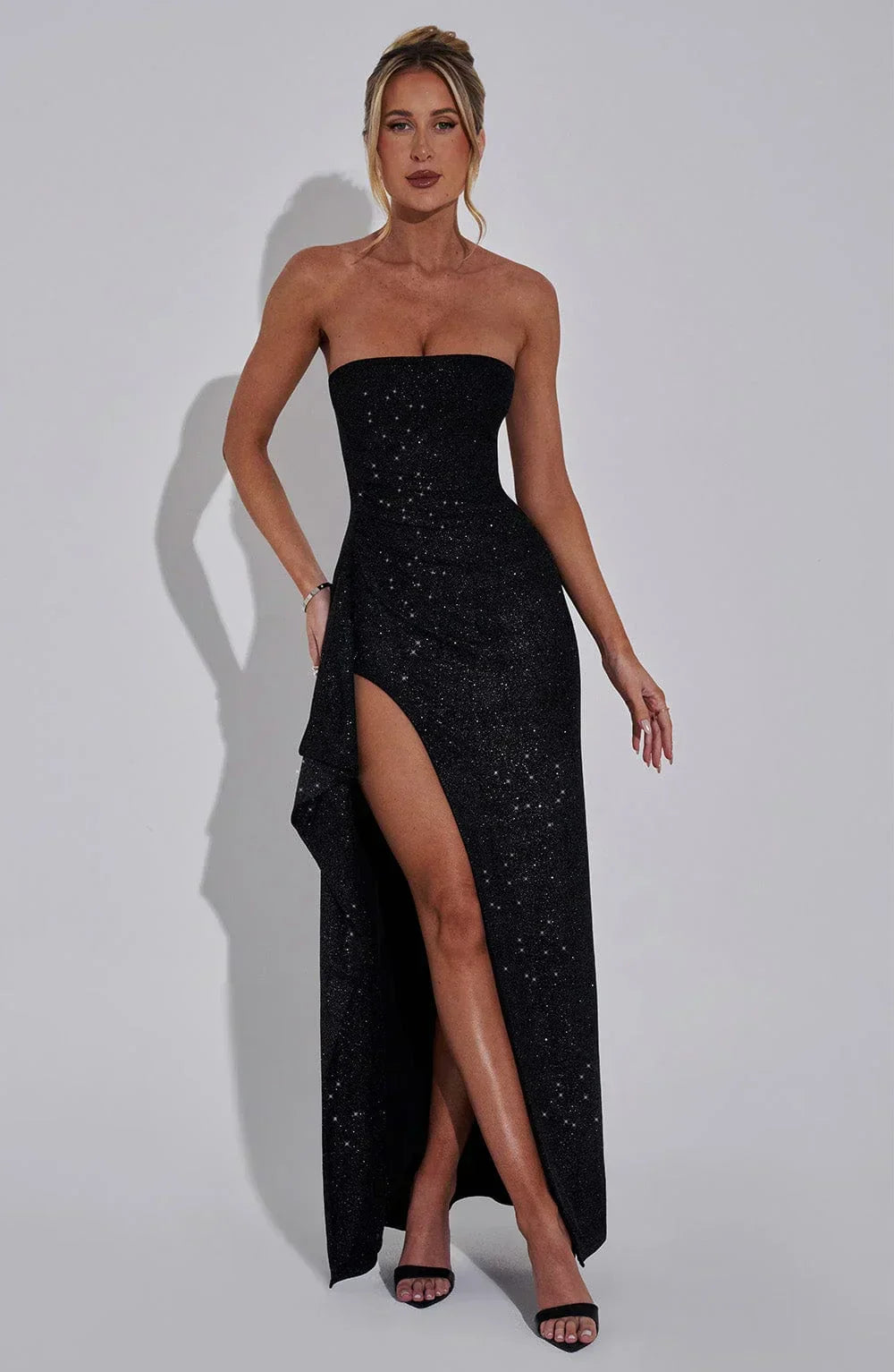 Glitter Strapless Straight Neck Draped High Split Maxi Dress 4