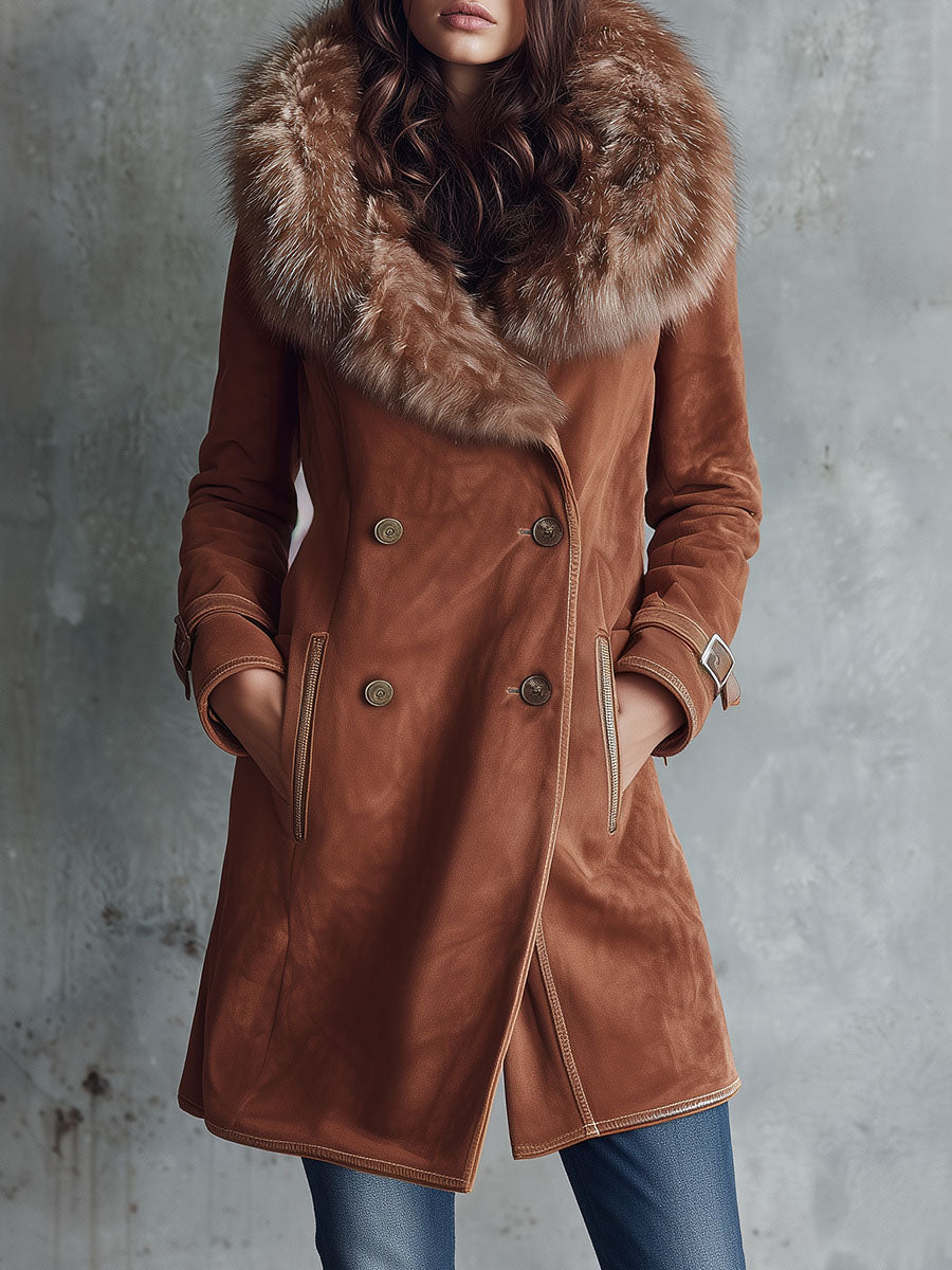 Double-Breasted Camel Microsuede Coat With Luxury Eco Fur Collar