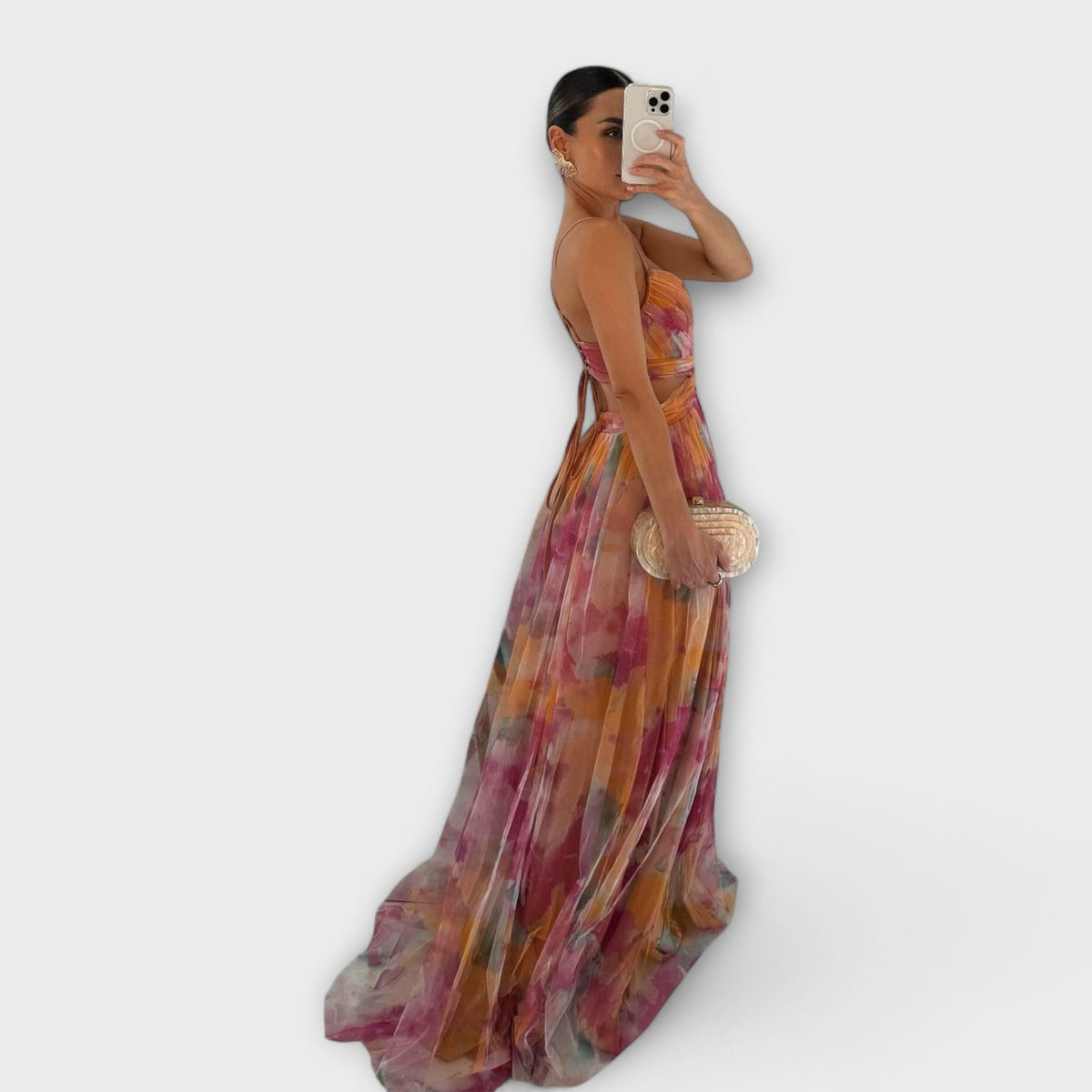 Strapless Sweetheart Floral Print High Split Tulle Maxi Gown
