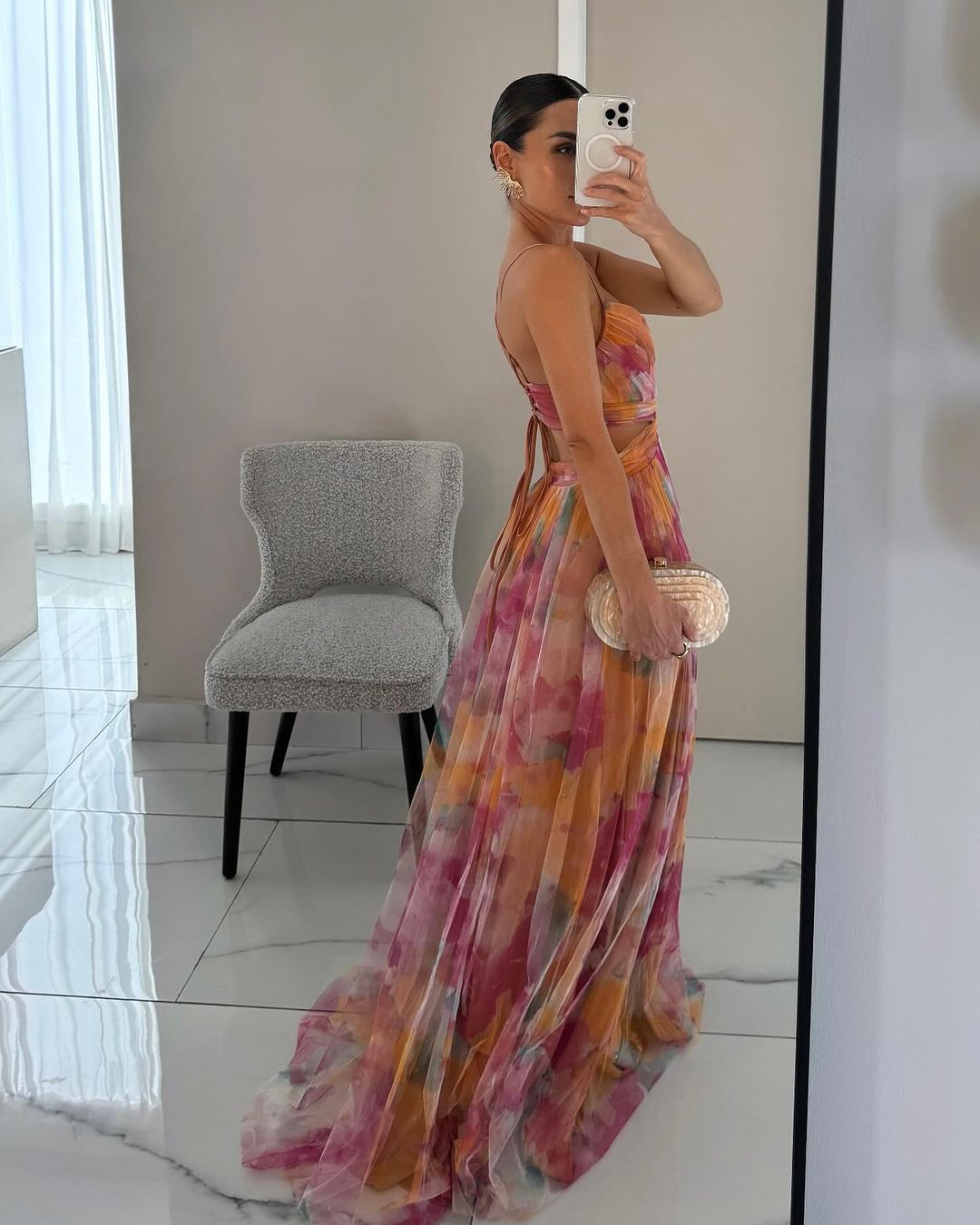 Watercolor Floral Print V-Neck Spaghetti Strap Flowy Maxi Dress
