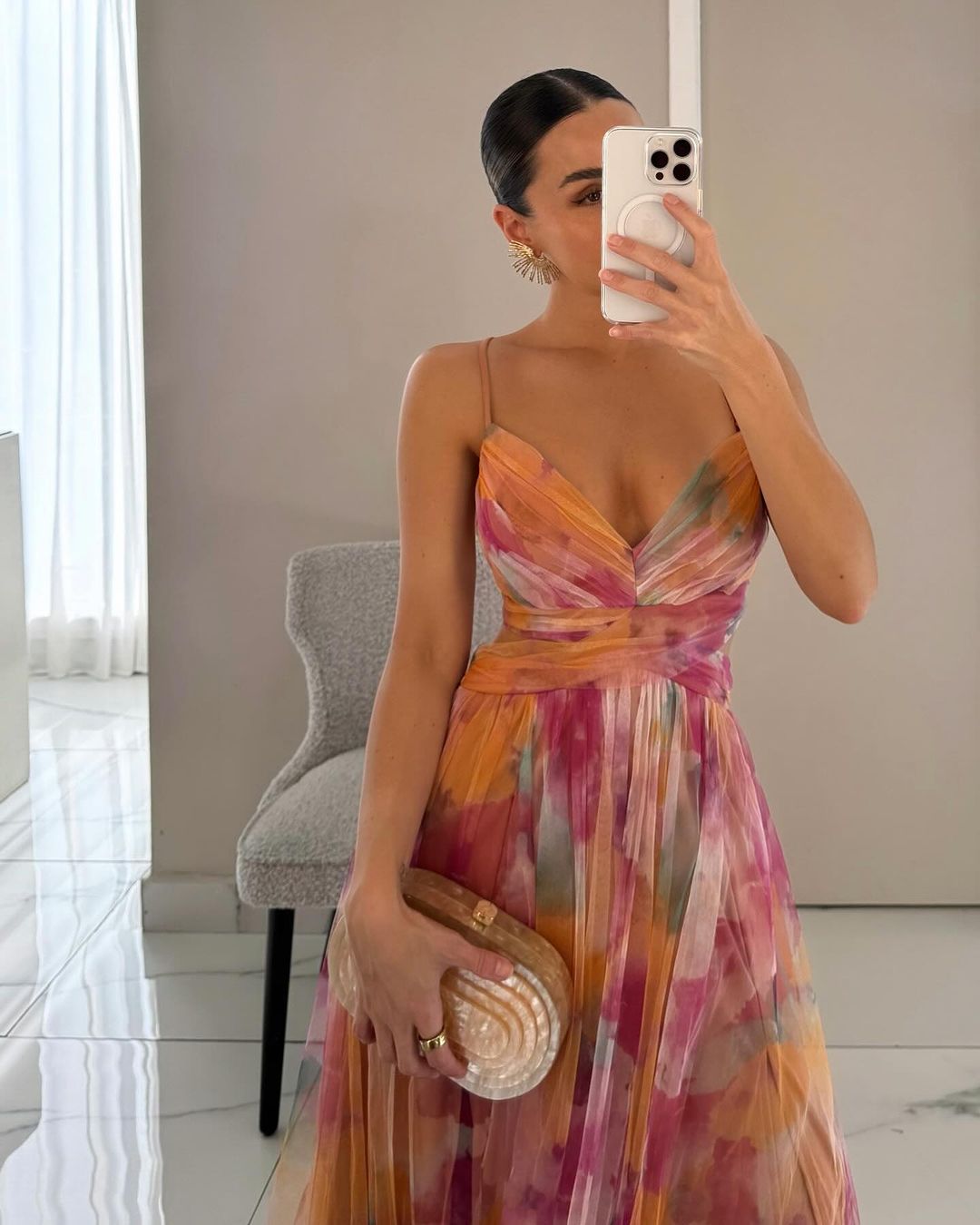 Watercolor Floral Print V-Neck Spaghetti Strap Flowy Maxi Dress