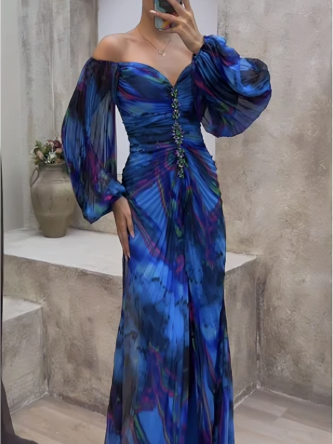 Off Shoulder Rhinestone Bodice Bishop Sleeve Pleated High Split Maxi Gown
