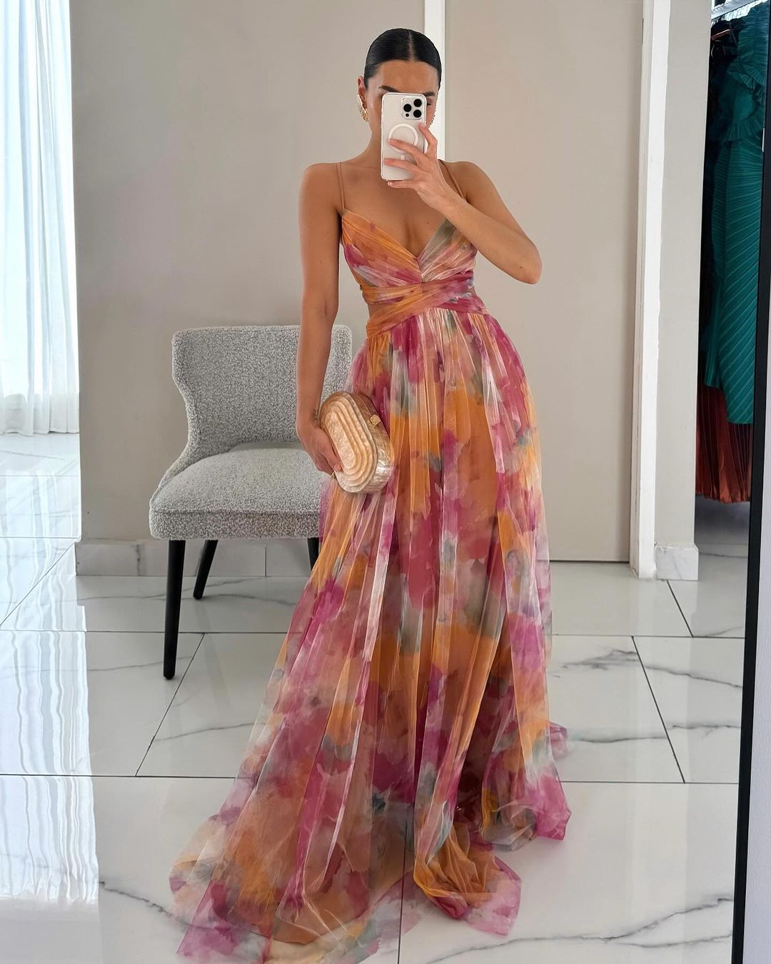 Floral Print Chiffon Deep V-Neck Ruched Waist A-Line Maxi Dress