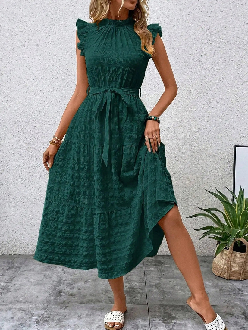 Crinkle Tie Waist Tiered Ruffle Collar Sleeveless Midi Summer Dress
