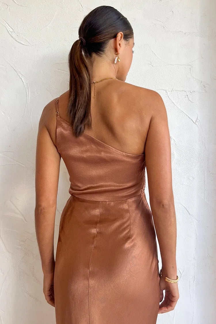 One Shoulder Ruched High Split Cami Maxi Dress - View 5