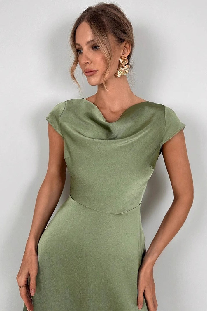 Silk-Like Satin Slit Maxi Silk Dress in Green