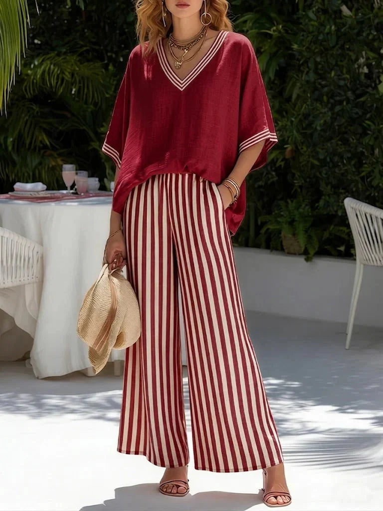 V-Neck Top and Striped Wide Leg Pants Two Piece Set