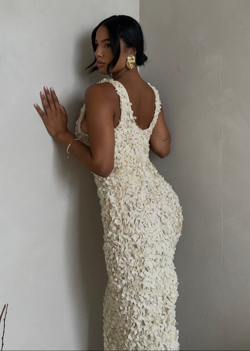 Ivory Petals TextuRed Plunge Maxi Dress
