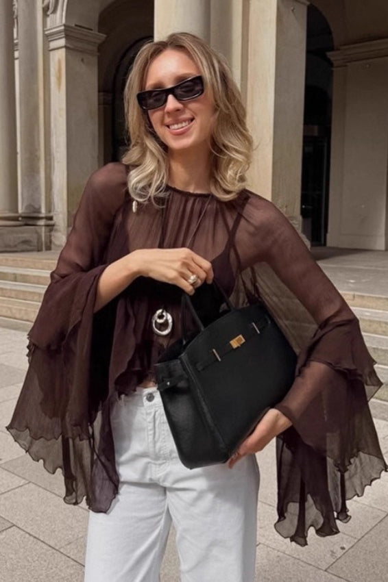 Sheer Retro Chiffon Flare Sleeve Long Sleeve Top