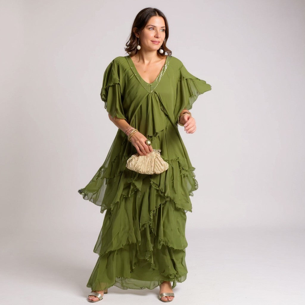 Sheila- Elegant pleated dress with V-neck Green