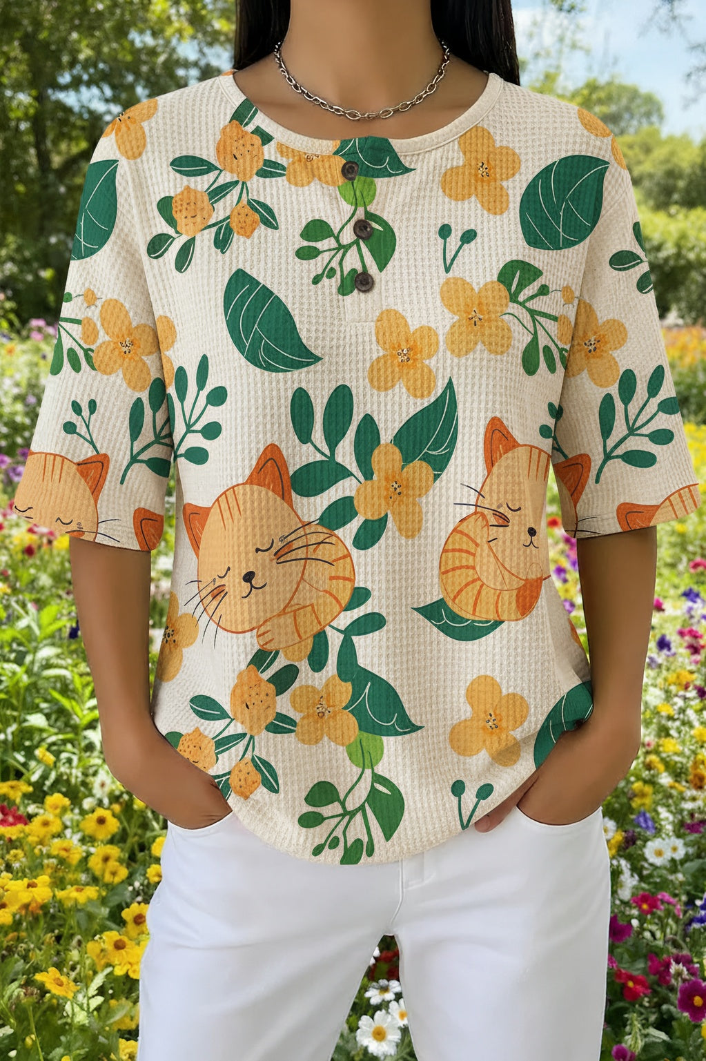 Womens Cream Leafy Cat Print Casual Shirt