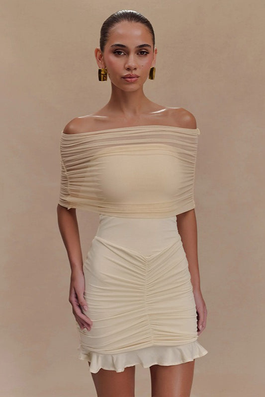 Off Shoulder Ruched Mesh Overlay Ruffle Hem Bodycon Mini Dress