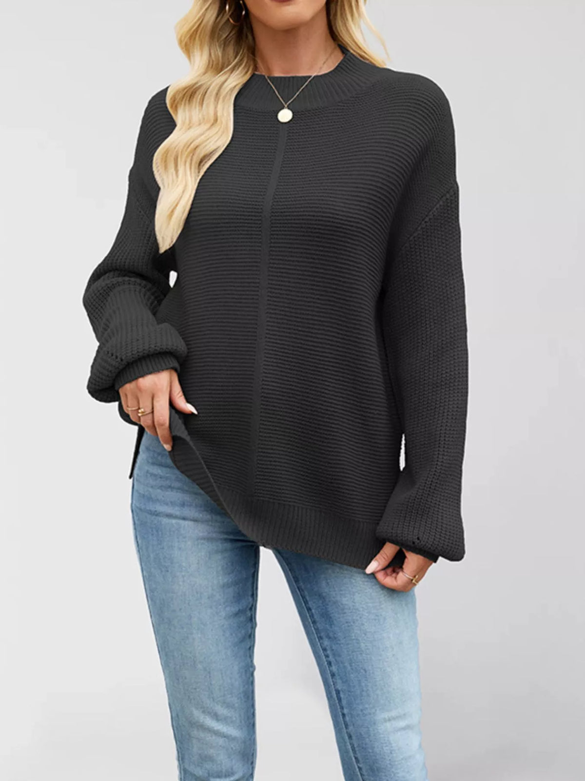 Mock Neck Drop Shoulder Front Seam Ribbed Knit Sweater 5