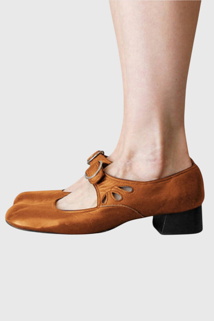 Square Toe Buckle Strap Low Block Heel Mary Jane Pumps