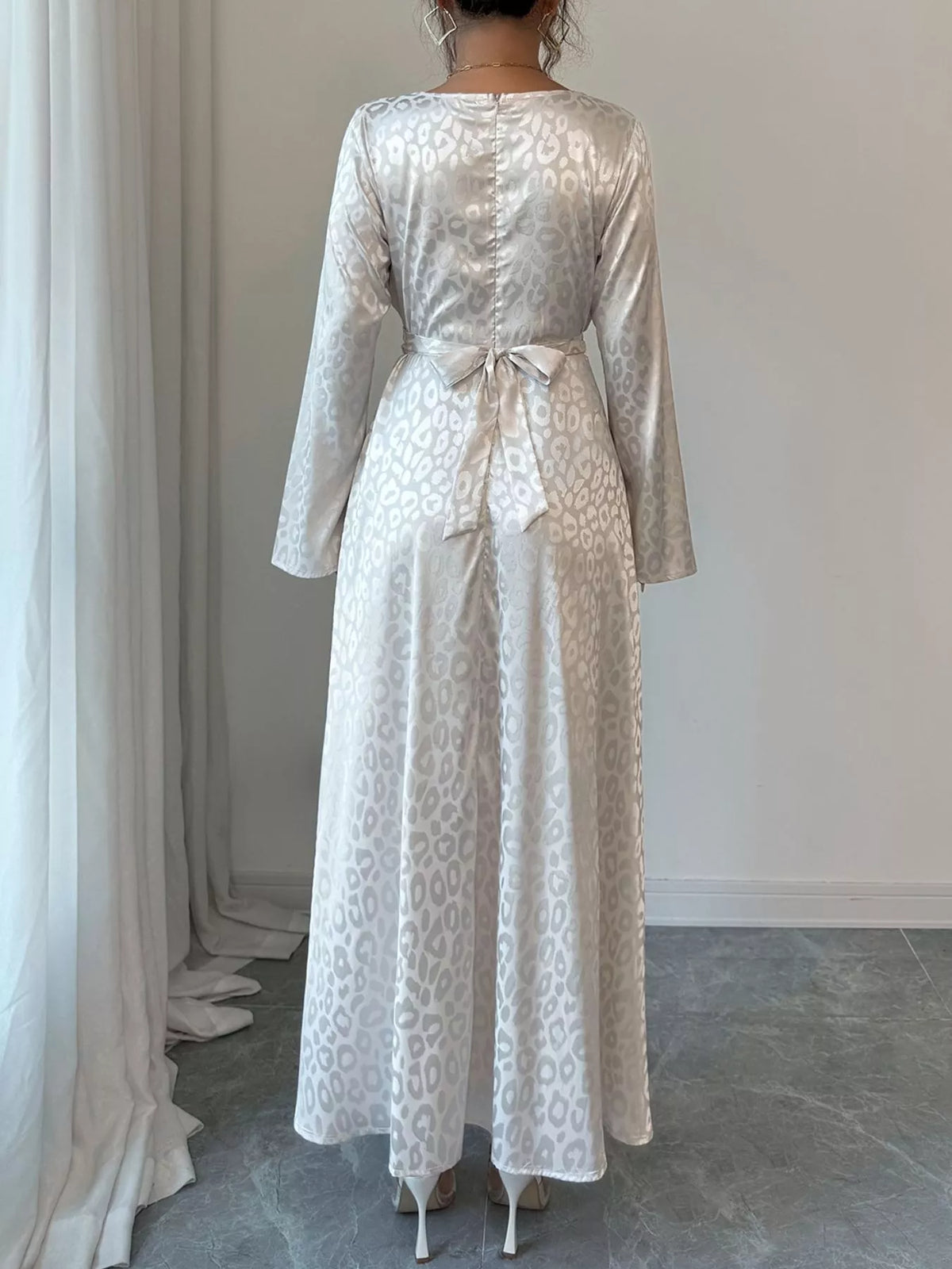 Leopard Satin Jacquard Crew Neck Long Sleeve Twist Front Maxi Dress 5