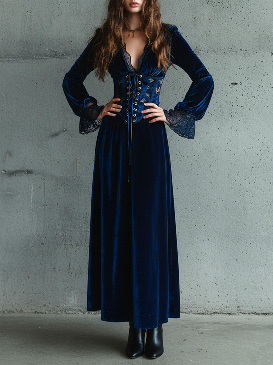 Deep Blue Velvet Corset Lace-Up Bodice Gown