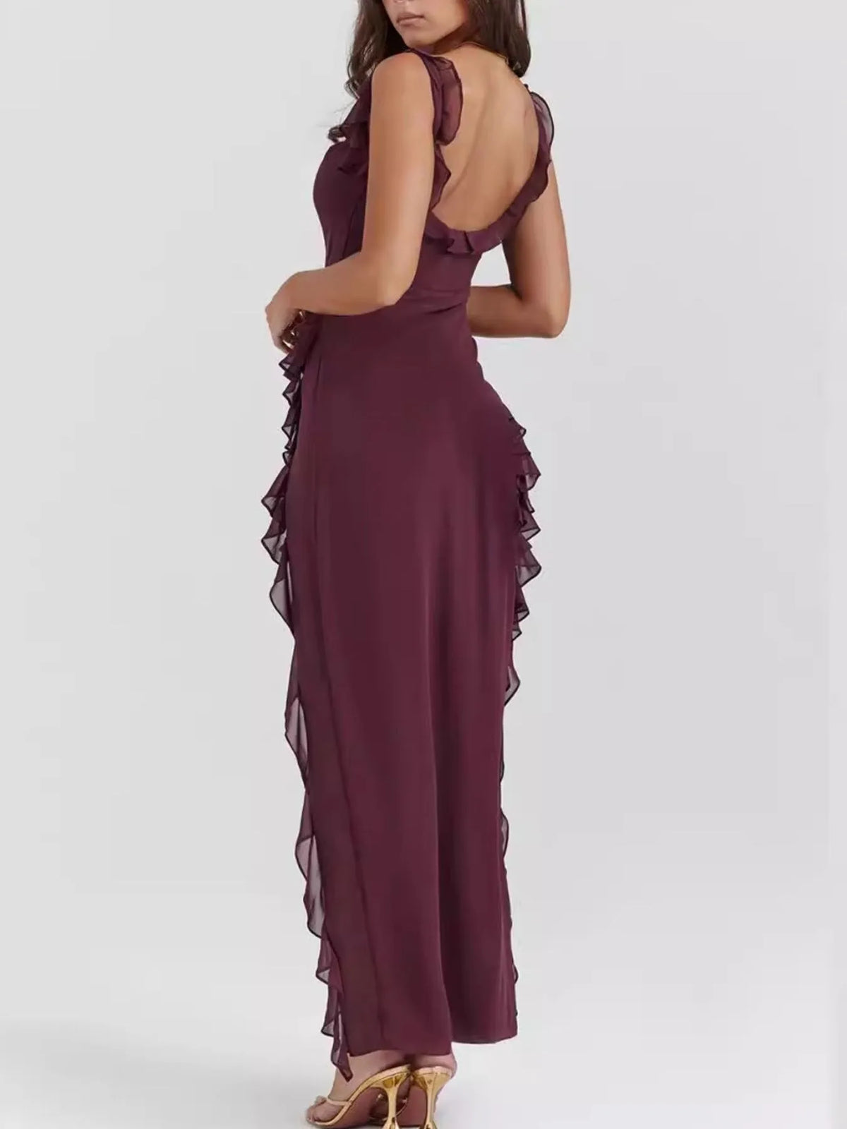 Chiffon Square Neck Ruffle Strap Asymmetric Ruffle Trim High Split Maxi Dress 5