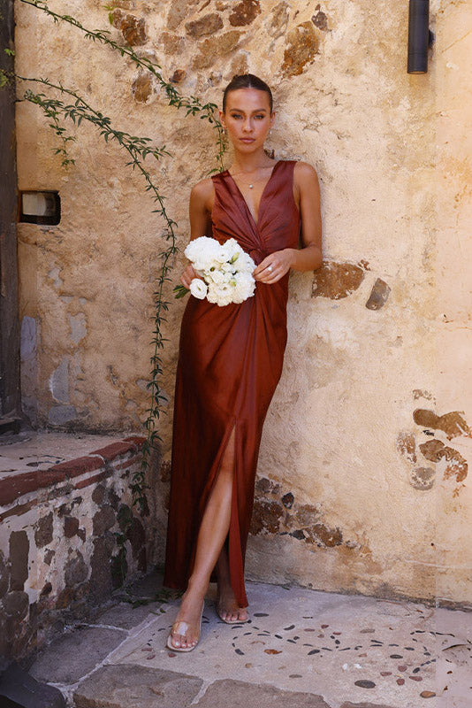 Satin Sleeveless Gathered Waist Column Slip Maxi Dress