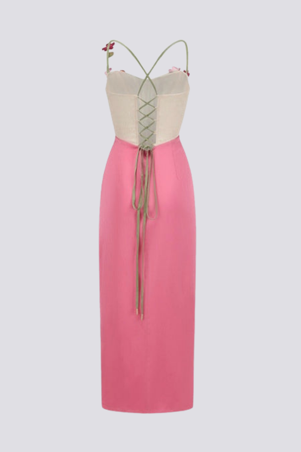 Corset Sweetheart Floral Applique Draped Satin Maxi Dress