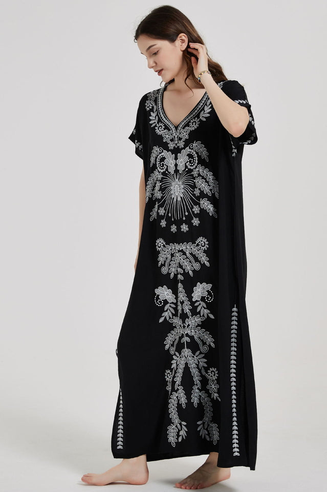 Embroidered V-Neck Short Sleeve Kaftan Maxi Dress 34